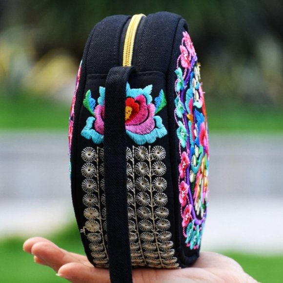 Embroidered Round Shoulder Bag Bright Multi Color Floral bag adjustable strap - Picture 4 of 5